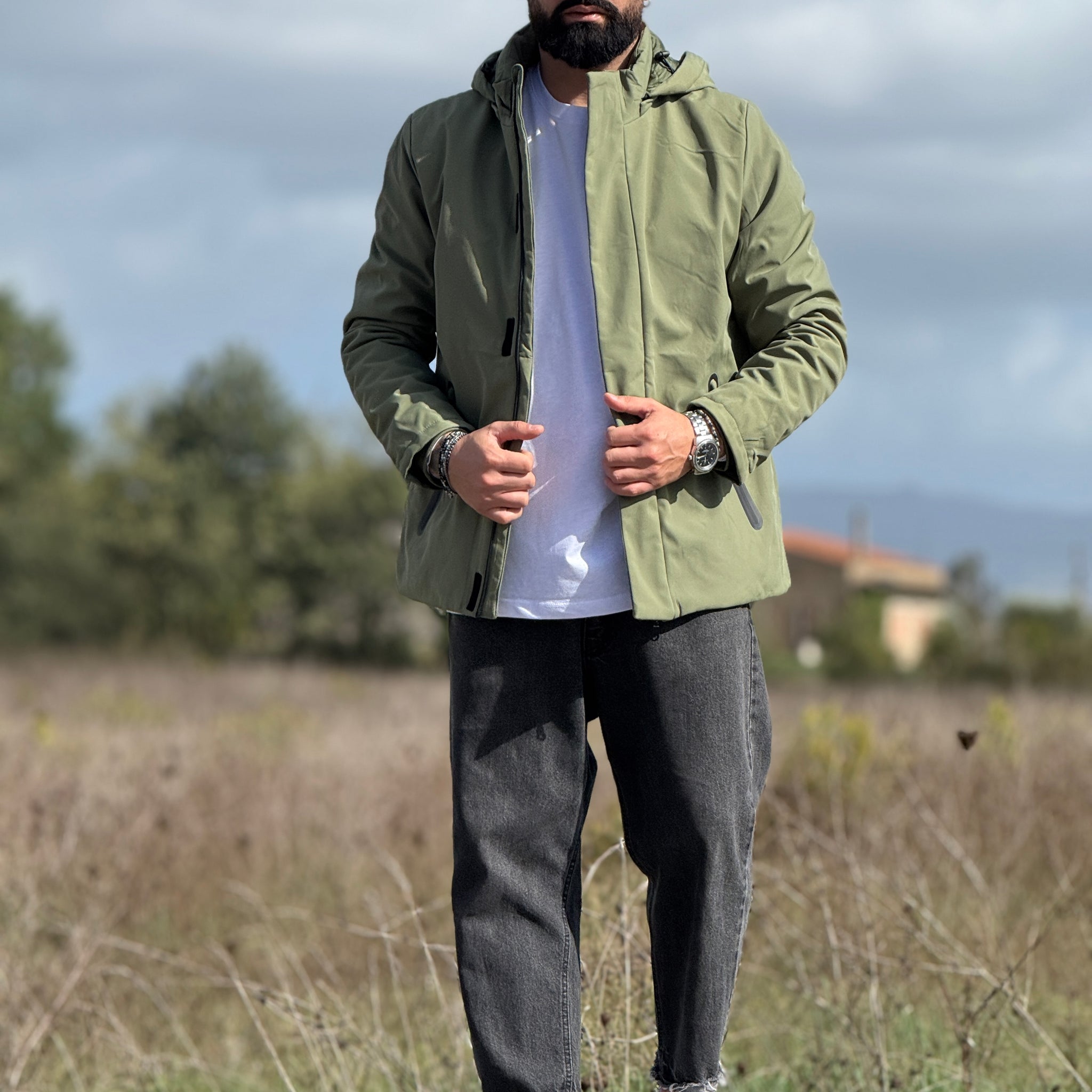 Giubbino tecnico verde con cappuccio new job brand