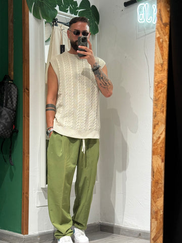 OUTFIT PROMO SMANICATO IN FILO+PANTLAONE FONDO AMPIO VERDE TAGLIA L