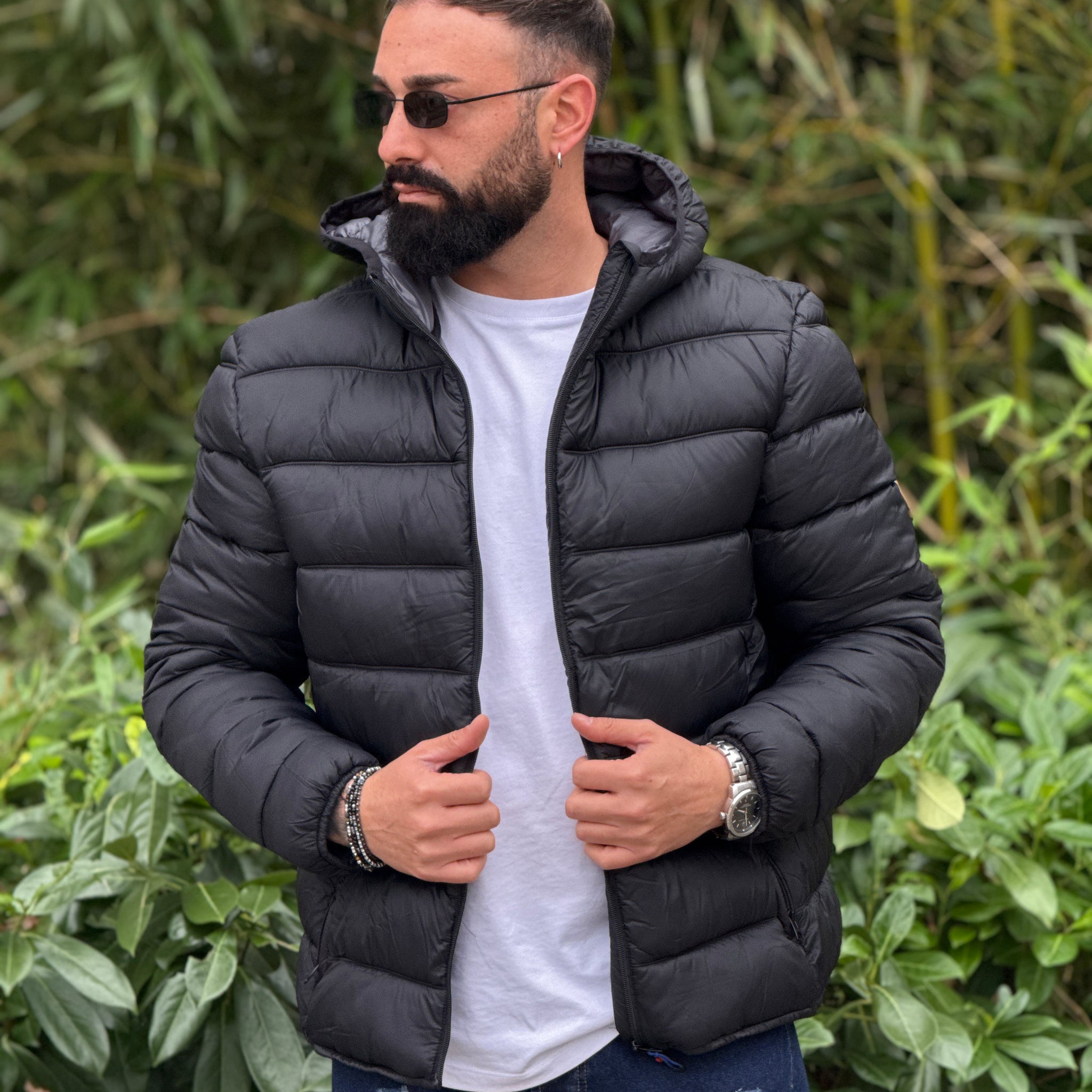 Bomber cappuccio piuma d’oca nero