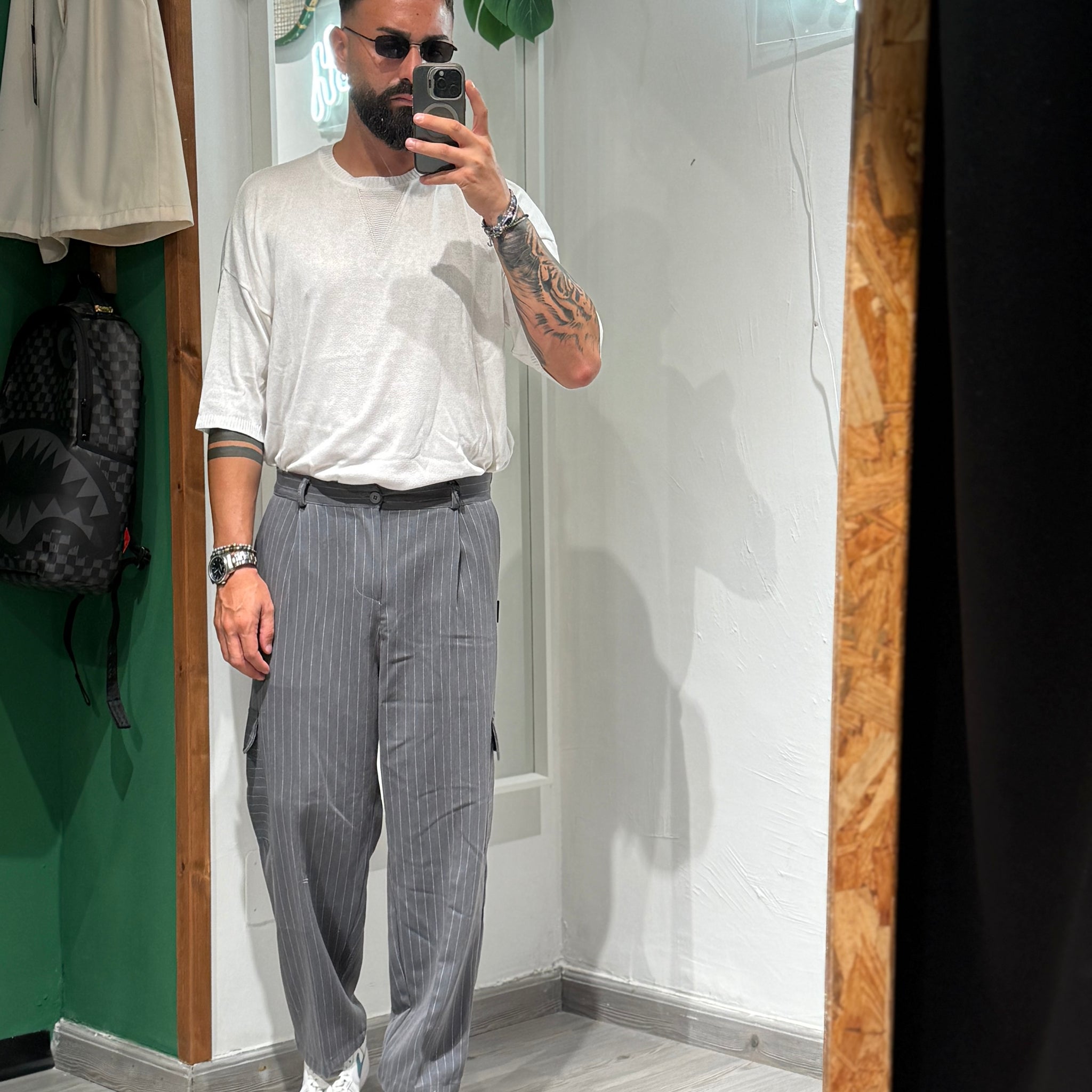 OUTFIT PROMO shirt IN FILO+PANTLAONE FONDO AMPIO Gessato
