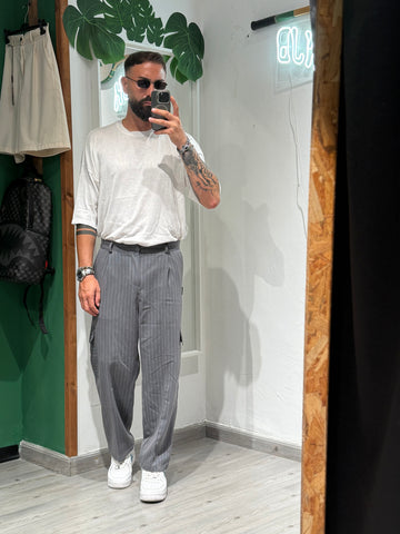 OUTFIT PROMO shirt IN FILO+PANTLAONE FONDO AMPIO Gessato