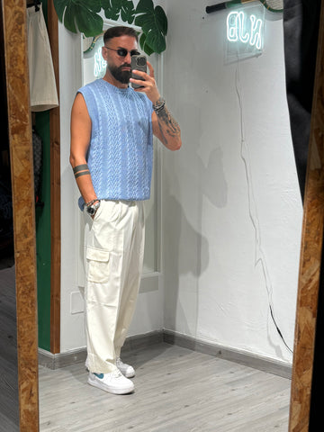 OUTFIT PROMO SMANICATO IN FILO+PANTLAONE FONDO AMPIO PANNA