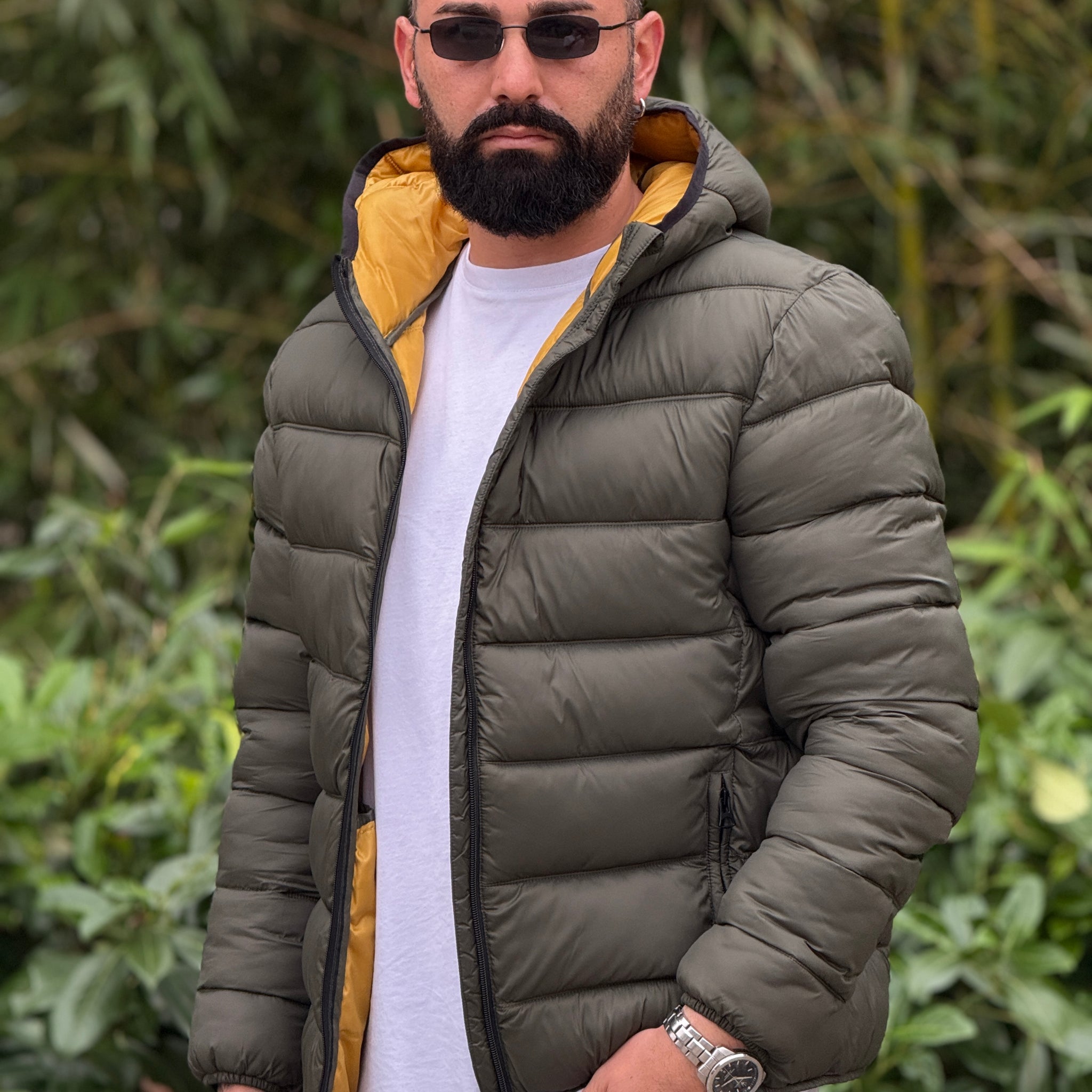 Bomber cappuccio piuma d’oca verde militare