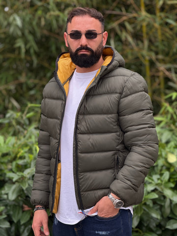 Bomber cappuccio piuma d’oca verde militare