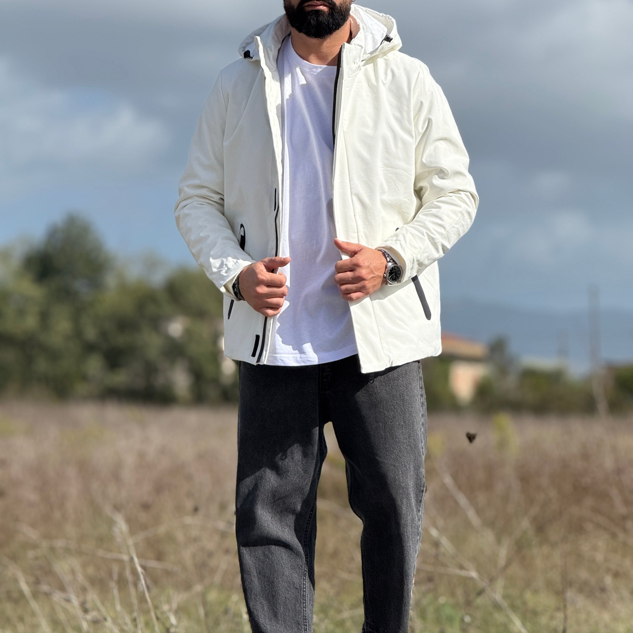 Giubbino tecnico bianco con cappuccio new job brand