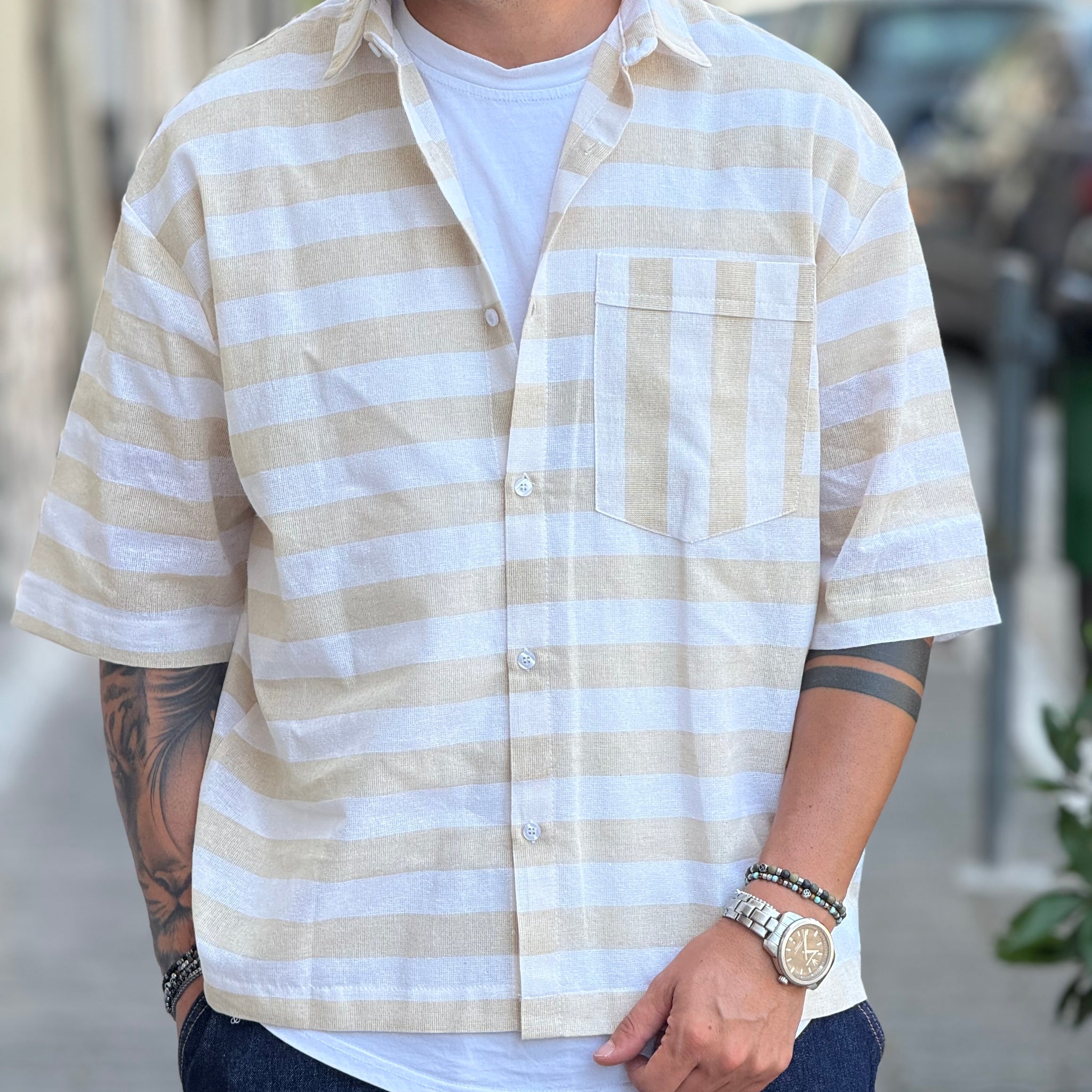 CAMICIA RIZZ OVER IN LINO BIANCO/BEIGE RIGATA