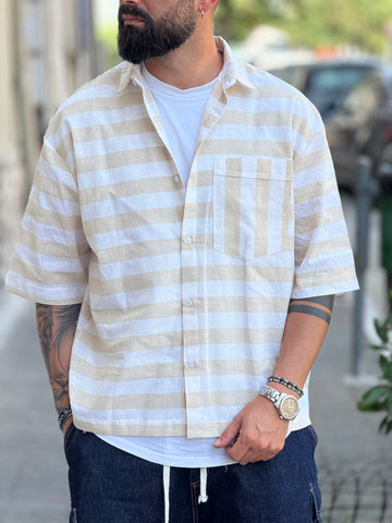 CAMICIA RIZZ OVER IN LINO BIANCO/BEIGE RIGATA