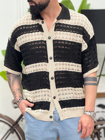 Cardigan forato cropped beige/nero New Job Brand