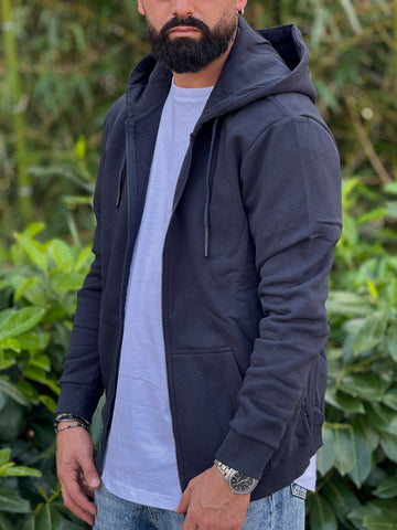 Felpa basic cappuccio zip blu