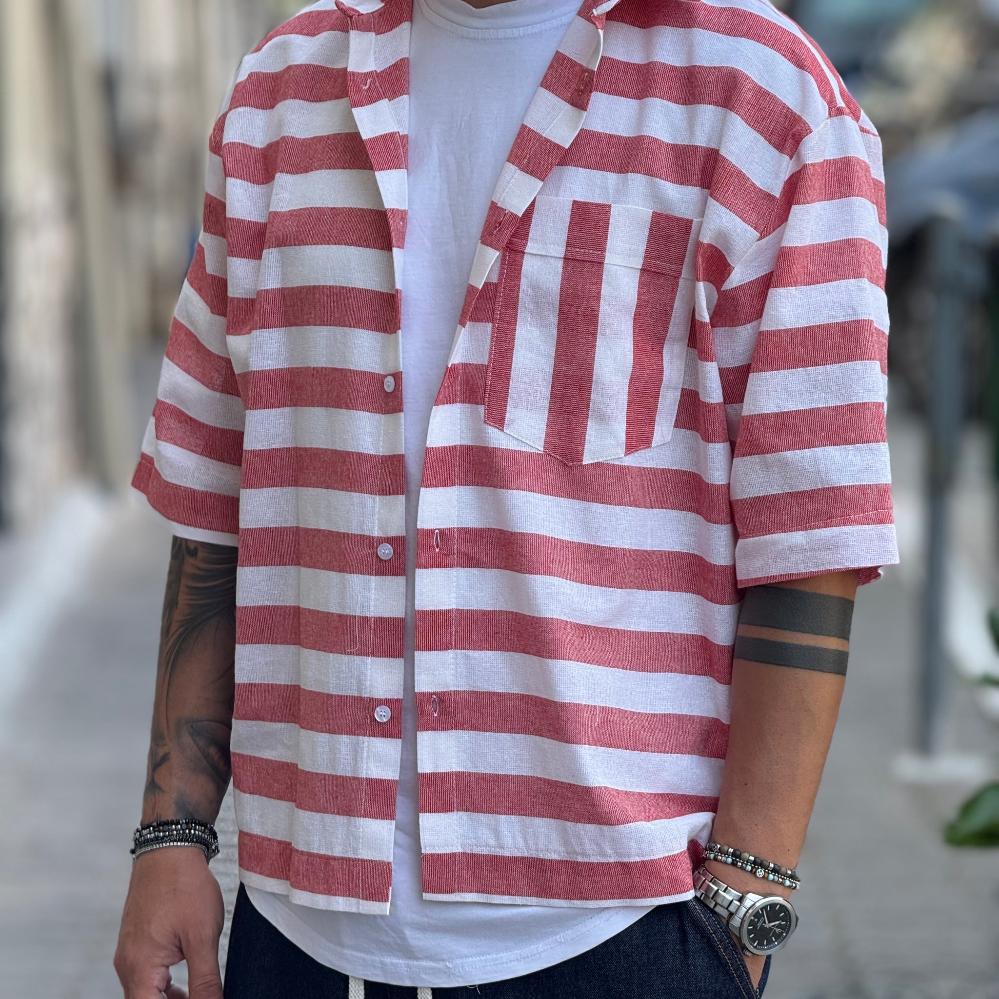 CAMICIA RIZZ OVER IN LINO BIANCO/ROSSO  RIGATA