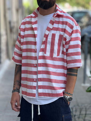 CAMICIA RIZZ OVER IN LINO BIANCO/ROSSO  RIGATA