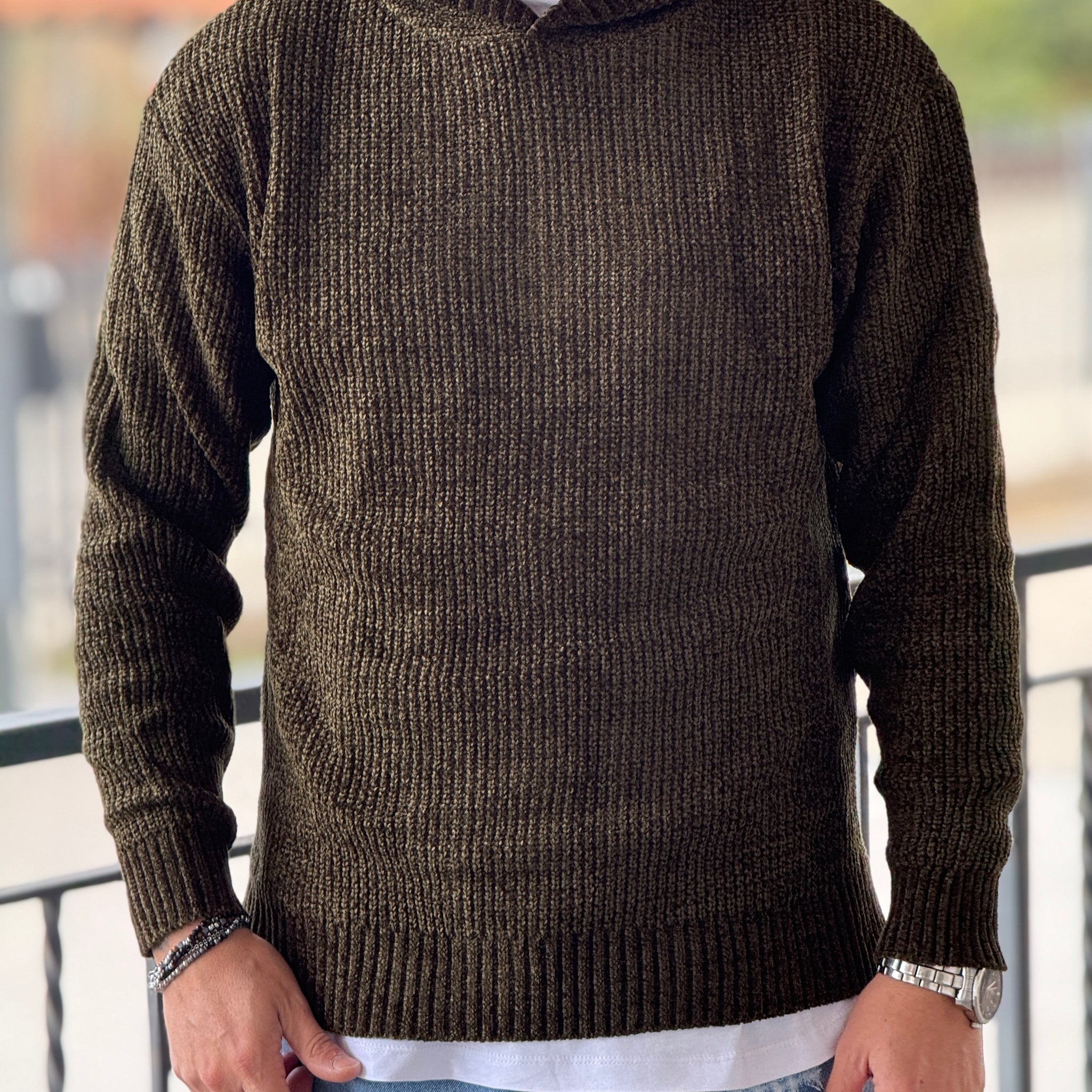 Pullover oversize cappuccio verde  militare ciniglia new job brand