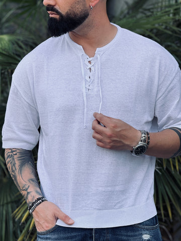 Shirt over in filo cropped bianca con scollo new job brand