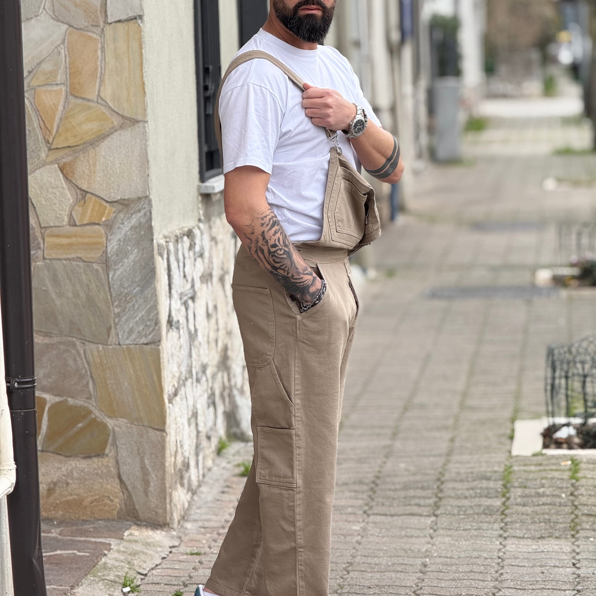 Salopette di jeans beige new job brand