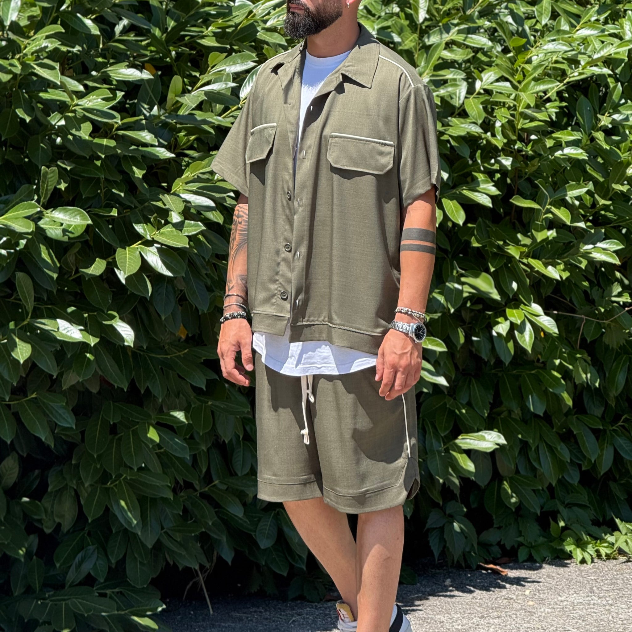 Coordinato Over Riga Verde Militare  New Job Brand