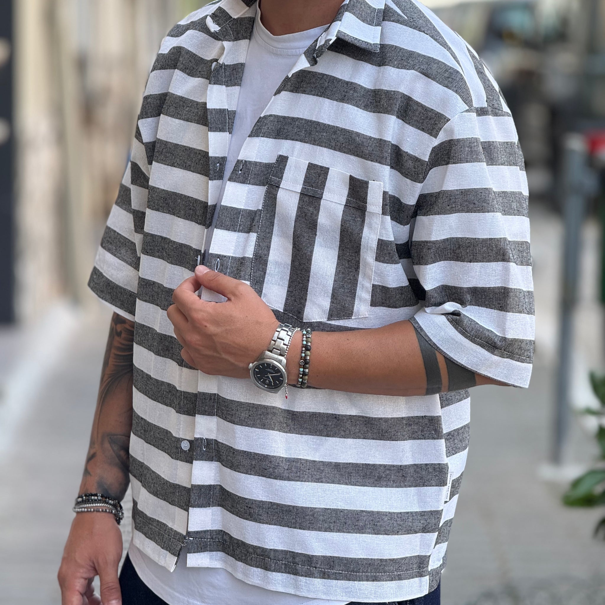 CAMICIA RIZZ OVER IN LINO BIANCO/NERO  RIGATA