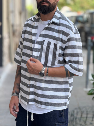 CAMICIA RIZZ OVER IN LINO BIANCO/NERO  RIGATA